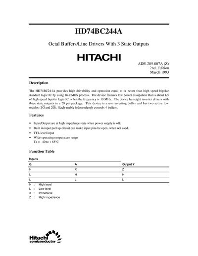 Hitachi HD74BC244A Octal Buffer/Line Driver Datasheet - cover page