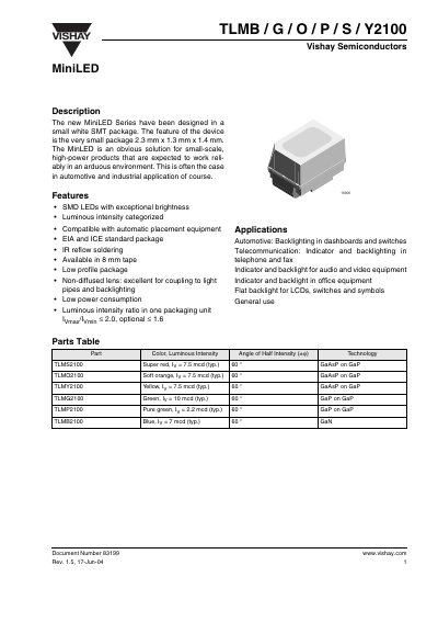 Vishay YTLMB/G/O/P/S/Y2100 MiniLED Datasheet - cover page