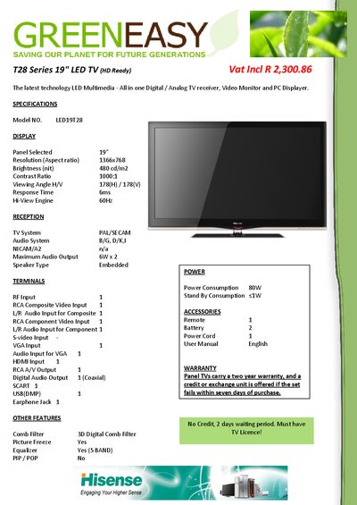 Hisense T28 Series LED TV Manual - cover page