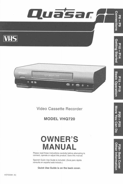 Panasonic VHQ720 Video Cassette Recorder Owner's Manual - cover page