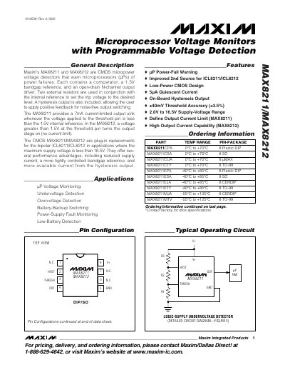 Maxim MAX8211/MAX8212 Microprocessor Voltage Monitor Datasheet - cover page
