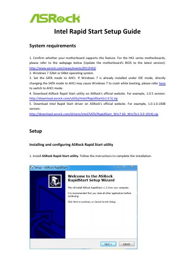 ASRock H61 Series Intel Rapid Start Installation Guide - cover page