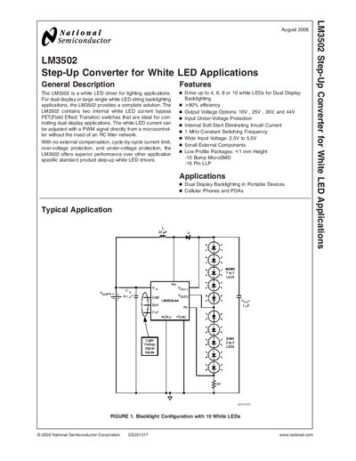 National Semiconductor LM3502 Step-Up Converter Datasheet - cover page