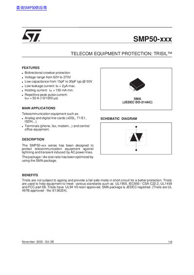 STMicroelectronics SMP50-xxx Series Trisil Telecom Equipment Protection Datasheet - cover page