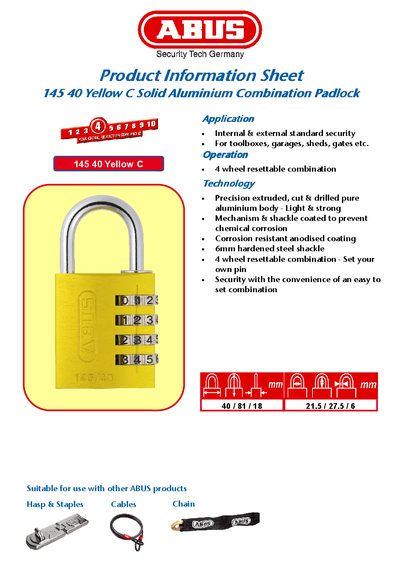 ABUS 145 40 Yellow C Combination Padlock Product Information Sheet - cover page