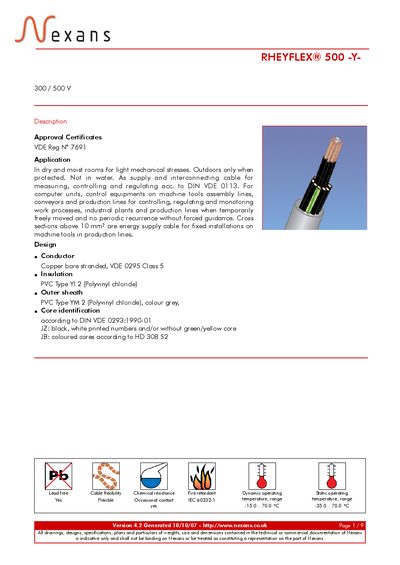 NEXANS - RHEYFLEX 300 500 V Description Approval Certificates VDE Reg N&deg; 7691 - cover page