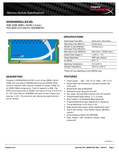 Kingston KHX6400S2LLK2/4G DDR2 SODIMM 4GB Kit Datasheet - cover page