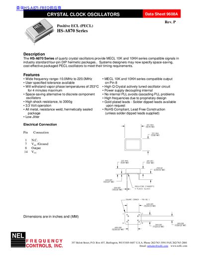 NEL HS-A870 Series Crystal Clock Oscillator Data Sheet - cover page