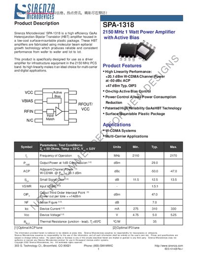 Sirenza SPA-1318 2150 MHz 1 W Power Amplifier Manual - cover page