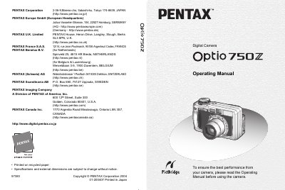 Pentax Optio 750Z Digital Camera Operating Manual - cover page