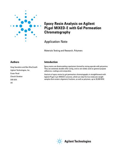 Agilent PLgel 3 µm MIXED-E Epoxy Resin Analysis Application Note - cover page
