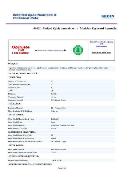 Belden 49402 Molded Cable Assemblies Modular Keyboard Assembly Datasheet - cover page