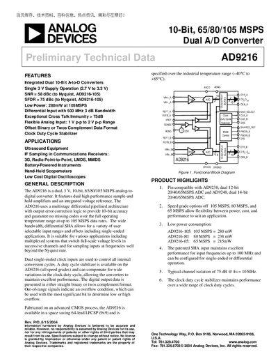 ANALOG DEVICES 10-Bit 65/80/105 MSPS Dual A/D Converter Preliminary Technical Data AD9216 handbook3 - cover page