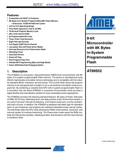 Atmel AT89S52 Datasheet Handbook - cover page