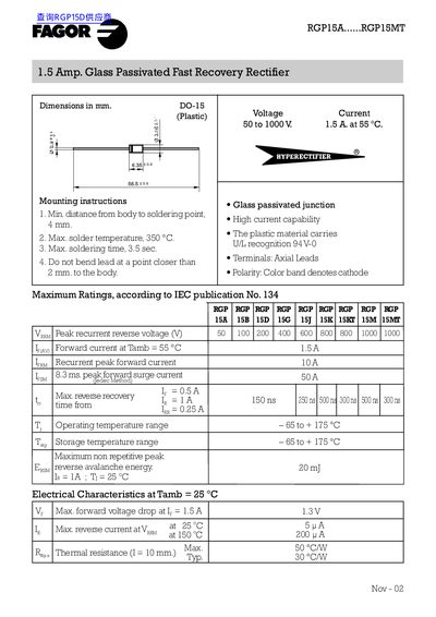 Hyperectifier RGP15A Fast Recovery Rectifier Datasheet - cover page