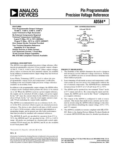 Analog Devices AD584 Precision Voltage Reference Datasheet - cover page