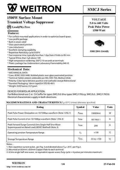 WEITRON SMCJ Series Transient Voltage Suppressor Datasheet - cover page