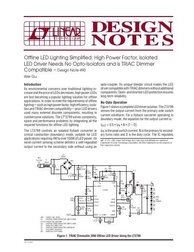 Design Note 490: High Power Factor Isolated LED Driver Using LT3799 - cover page