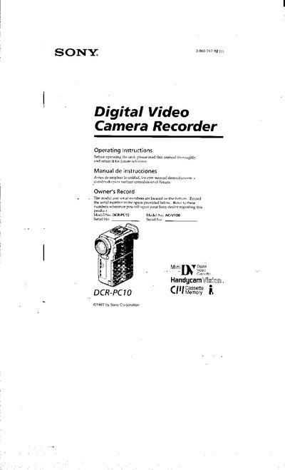 Sony DCR-PC10 Digital Camera User Manual - cover page