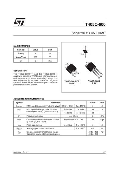 STMicroelectronics T405Q-600 Datasheet - cover page