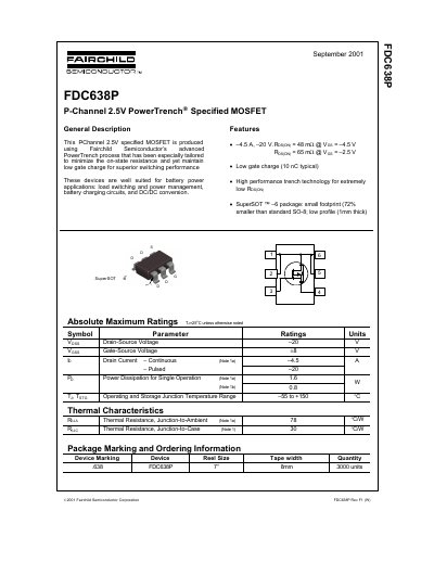 Fairchild FDC638P P-Channel MOSFET Datasheet - cover page