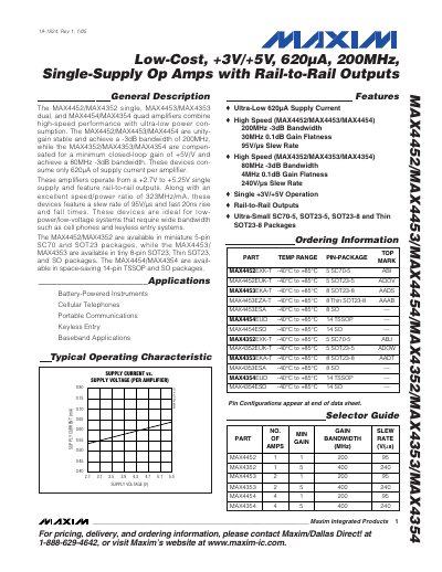 MAXIM MAX4452/MAX4453/MAX4454/MAX4352/MAX4353/MAX4354 Low-Cost +3V/+5V 620 A 200MHz Single-Supply Op Amps with Rail-to-Rail Outputs handbook - cover page