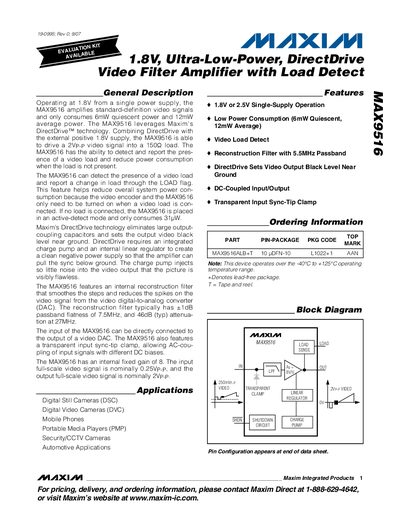 Maxim MAX9516 Video Filter Amplifier Datasheet - cover page