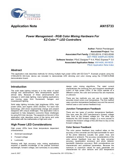 CYPRESS SEMICONDUCTOR AN15733 Power Management - RGB Color Mixing Hardware For EZ-Color LED Controllers handbook