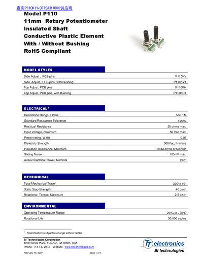 BI Technologies P110 Series 11mm Rotary Potentiometer Datasheet - cover page