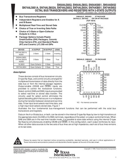 TEXAS INSTRUMENTS SN54ALS652 SN54ALS653 SN54AS651 SN54AS652 SN74ALS651A SN74ALS652A SN74ALS653 SN74ALS654 SN74AS651 SN74AS652 OCTAL BUS TRANSCEIVERS AND REGISTERS WITH 3-STATE OUTPUTS handboo