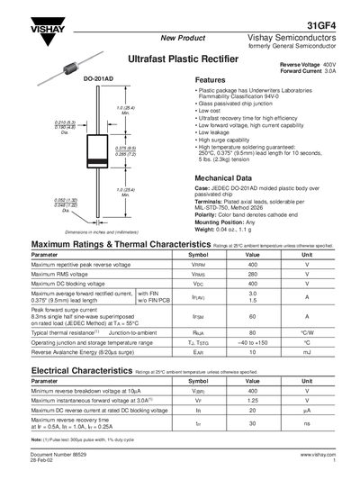 Vishay 31GF4 Ultrafast Plastic Rectifier Datasheet - cover page