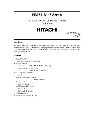 HITACHI HM5118165 Series 16 M EDO DRAM (1-Mword &times; 16-bit) 1 k Refresh - cover page