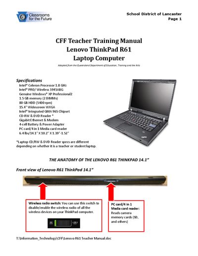 Lenovo ThinkPad R61 Teacher Training Manual - cover page
