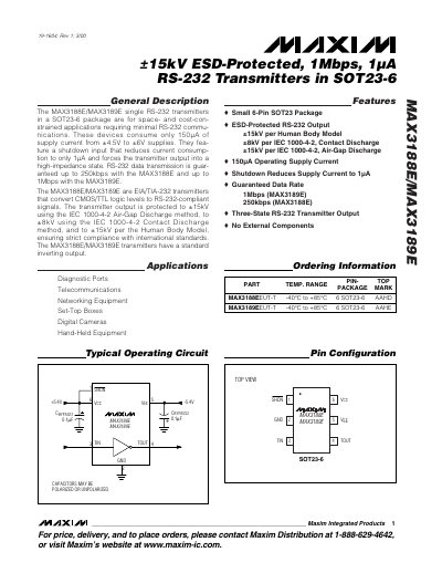 Maxim MAX3188E/MAX3189E RS-232 Transceiver Datasheet - cover page