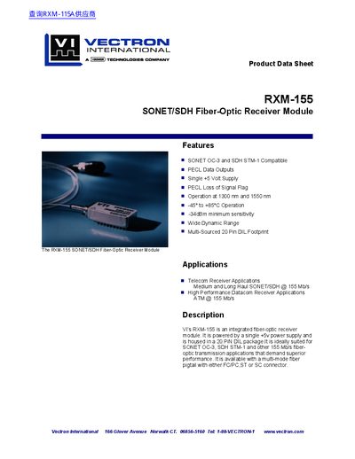 VECTRON RXM-155 SONET/SDH Fiber-Optic Receiver Module - cover page