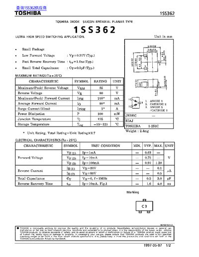 Toshiba 1SS362 Silicon Epitaxial Planar Diode Datasheet