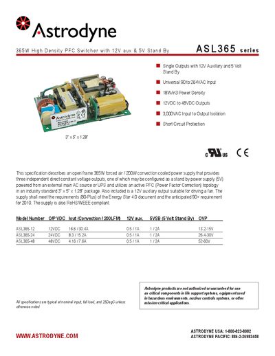 Astrodyne ASL365 High Density PFC Switcher Datasheet - cover page