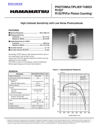 Hamamatsu R1527 R1527P Photomultiplier Tubes Product Leaflet - cover page