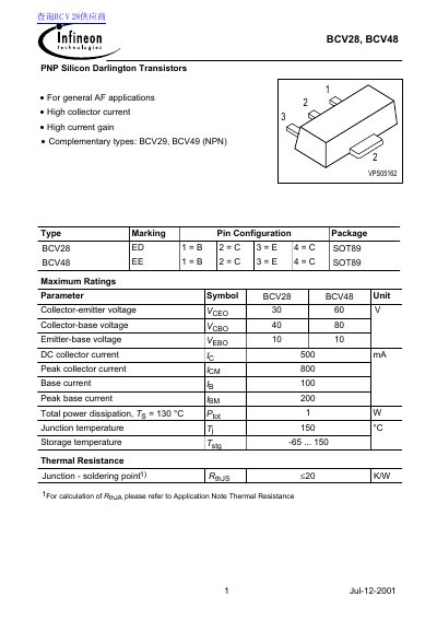 Infineon BCV28, BCV48 Silicon Darlington Transistors Datasheet - cover page