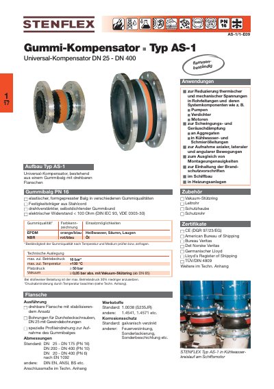 Stenflex AS-1 Rubber Compensator Data Sheet - cover page