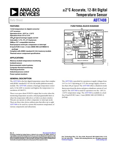 +/-2°C Accuracy 12-Bit Digital Temperature Sensor Data Sheet ADT7408 - cover page