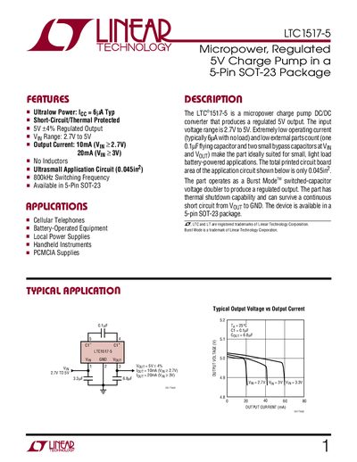 Linear Technology LTC1517-5 Micropower Regulated Charge Pump Datasheet - cover page