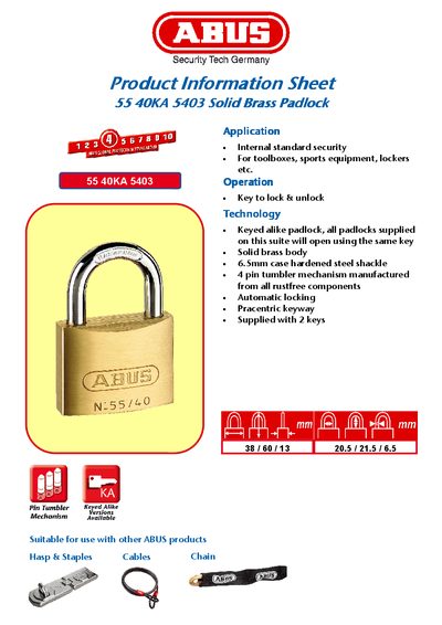 ABUS 55 40KA 5403 Solid Brass Padlock Product Information Sheet - cover page