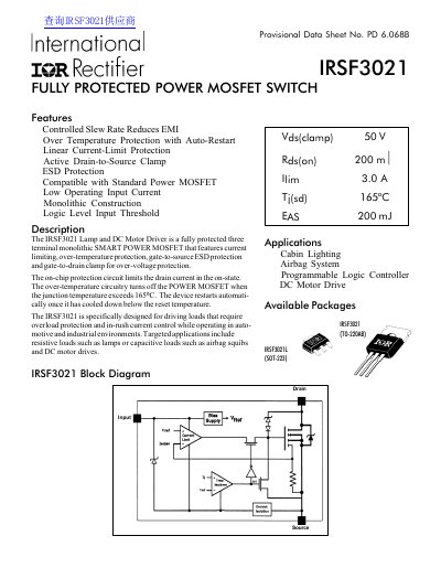 International Rectifier IRSF3021 Provisional Data Sheet - cover page