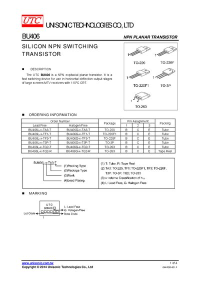 Unisonic Technologies BU406 NPN Planar Transistor Datasheet - cover page