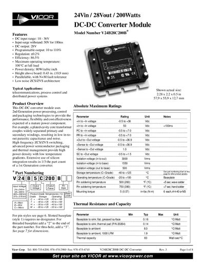 Vicor V24B28C200B DC-DC Converter Module Datasheet - cover page