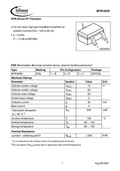 Infineon BFR182W Datasheet - cover page
