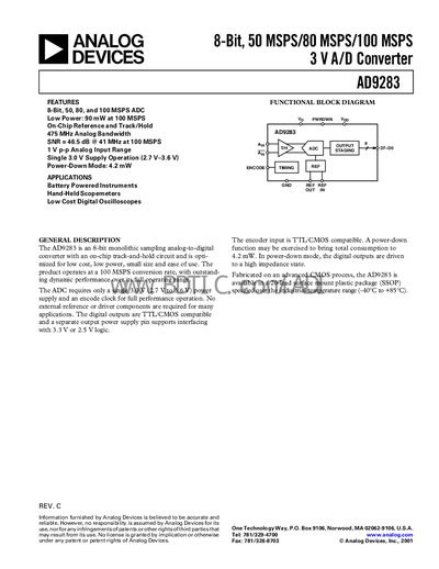 Analog Devices AD9283 8‑Bit ADC Datasheet - cover page