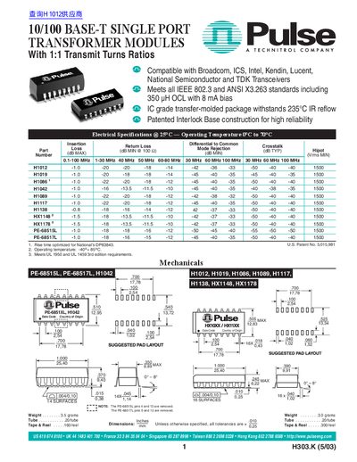 Pulse Engineering 10/100 BASE-T Single Port Transformer Modules Datasheet - cover page