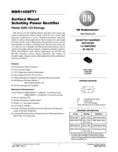 ON SEMICONDUCTOR MBR140SFT1 Surface Mount Schottky Power Rectifier Plastic SOD 123 Package service manual - cover page